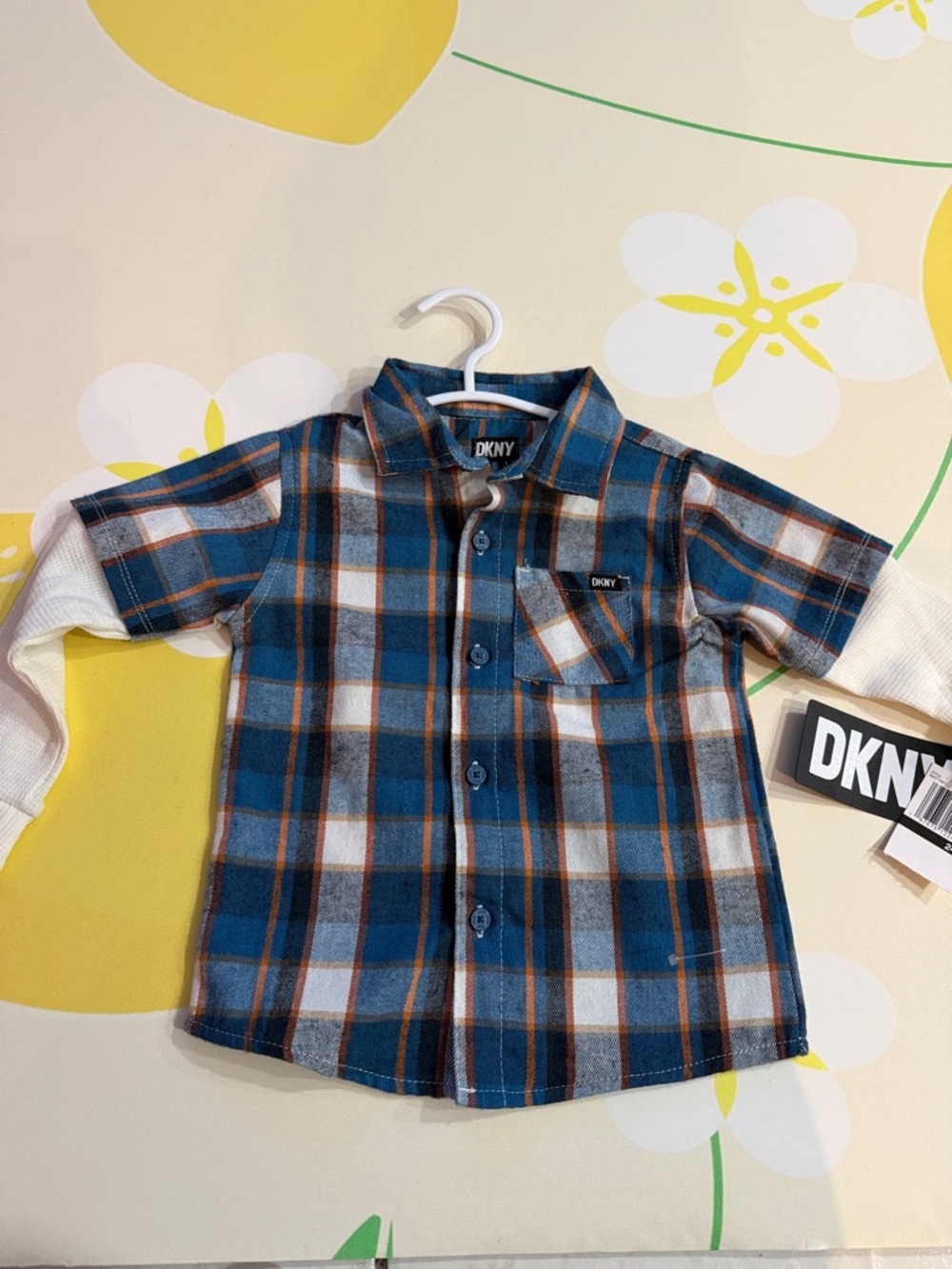 DKNY Blue and Orange Plaid Button-Down Shirt